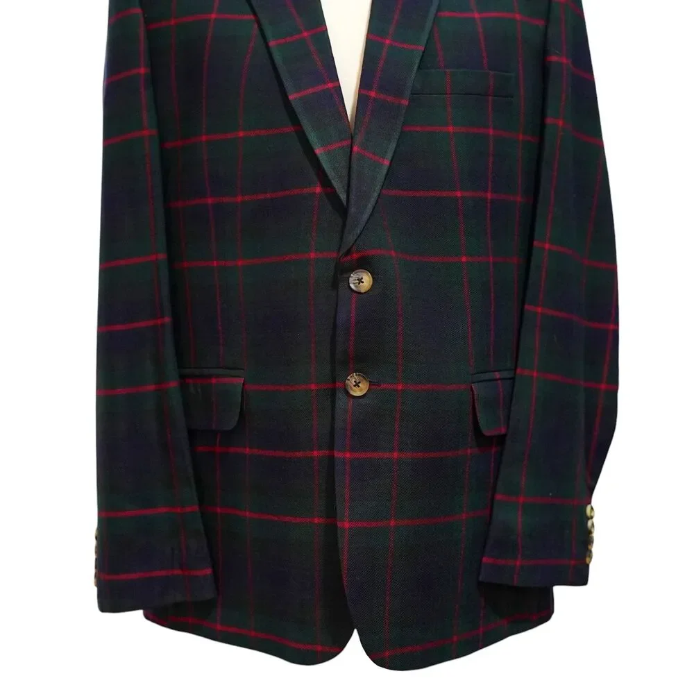 Mens Wool Sport Coat 42L Green Blue Red Tartan Plaid Blazer 2 Button Wedding